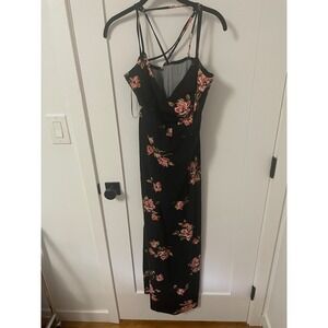 Nine Britton XL Maxi Dress Black Floral Print Cami Strap‎ Criss Cross Back